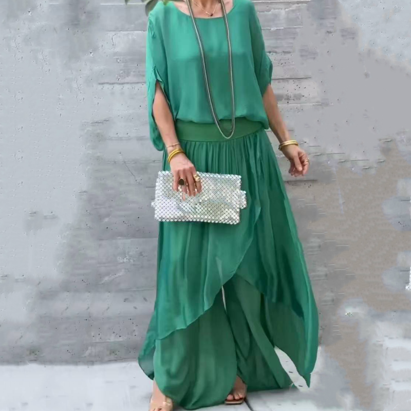 💃 Set din două piese, cu bluză largă și pantaloni largi cu fante, din șifon✨-5