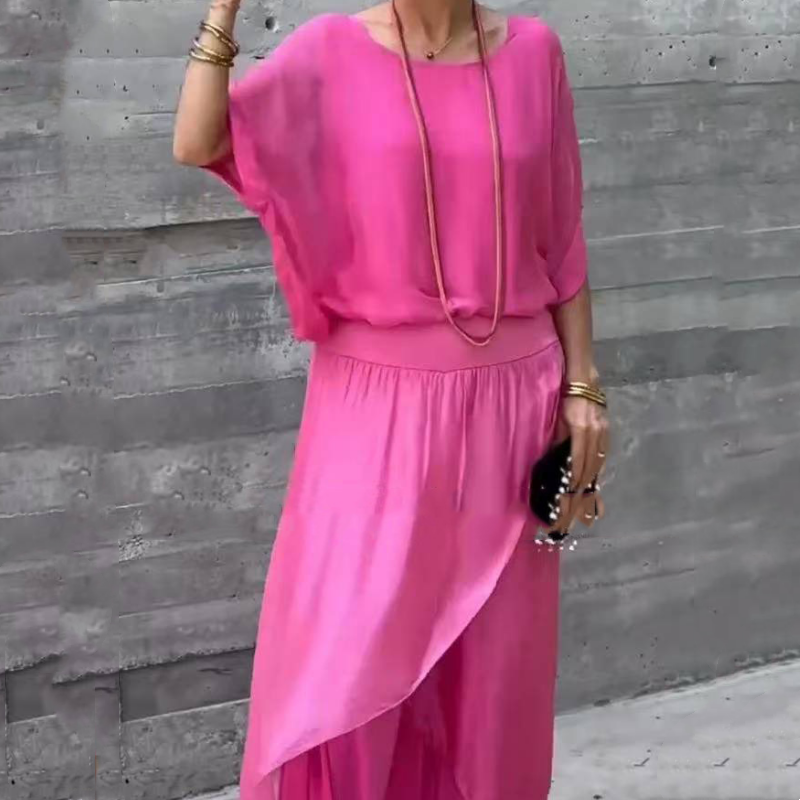 💃 Set din două piese, cu bluză largă și pantaloni largi cu fante, din șifon✨-7