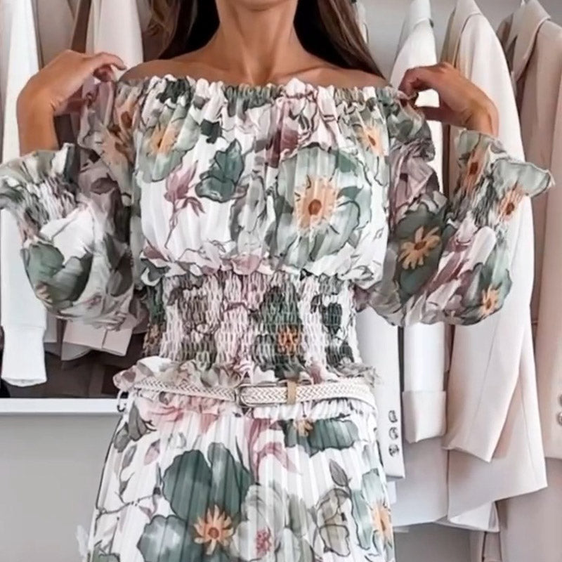 💖Set din două piese: top cu imprimeu floral și umeri descoperiți și 💖 fustă maxi-1