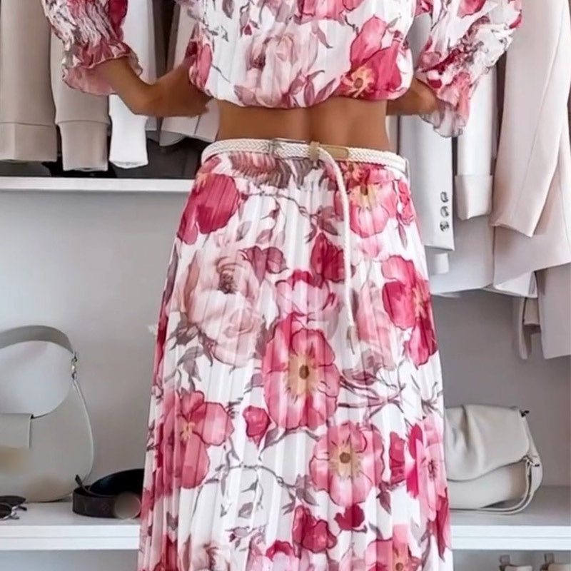 💖Set din două piese: top cu imprimeu floral și umeri descoperiți și 💖 fustă maxi-4