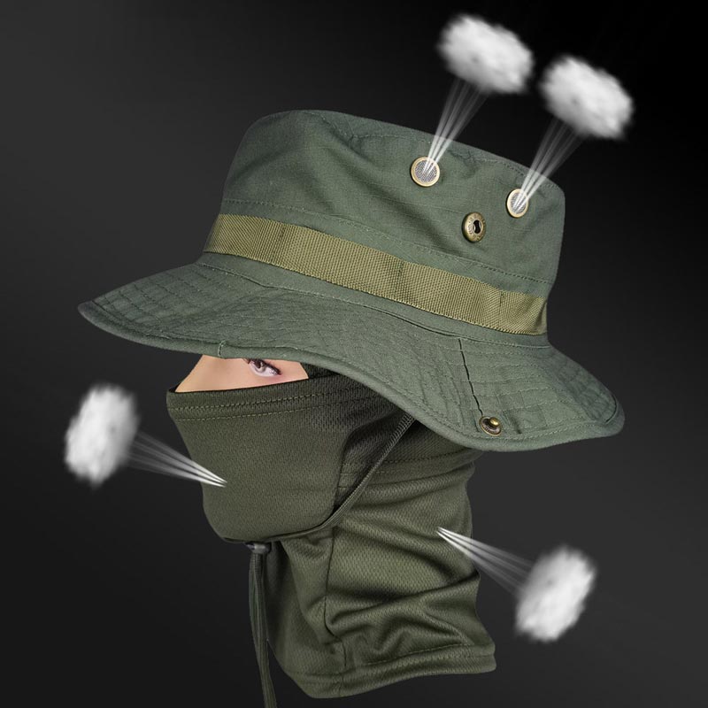 🔥Pălărie de pescuit și mască de camuflaj 2 în 1, cu bandă pentru gât💥-1