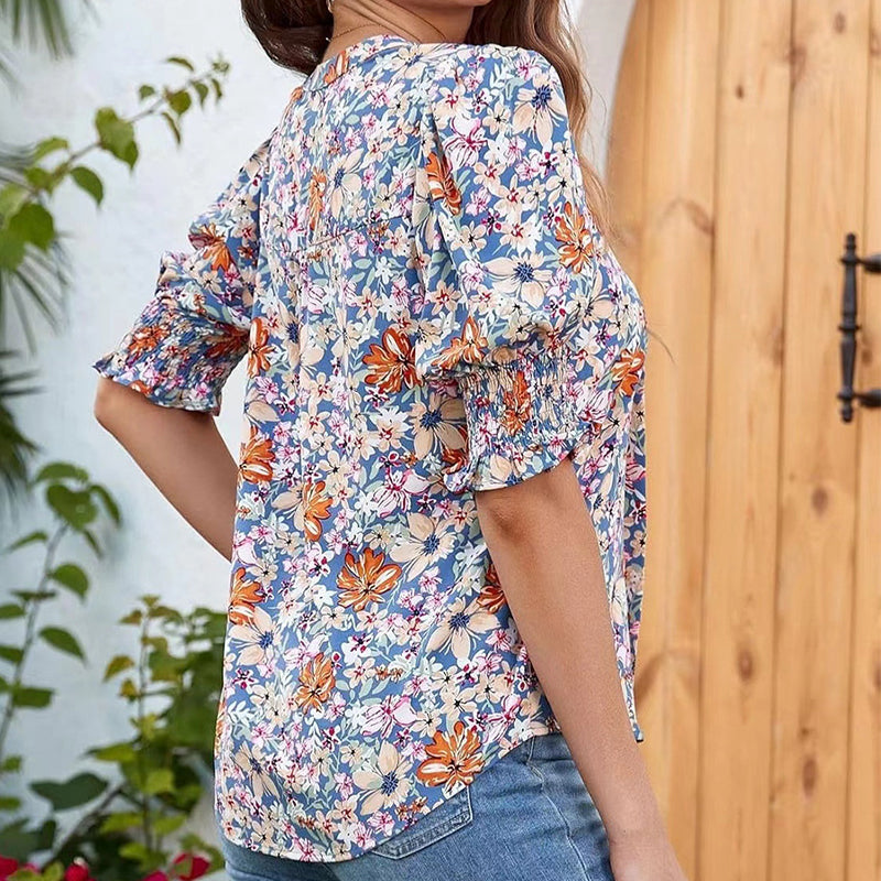😍REDUCERE DE 50% DIN SĂPTĂMÂNA TRECUTĂ🎁☀️Bluză pentru femei cu imprimeu floral, decolteu în V și mâneci bufante🌺-7