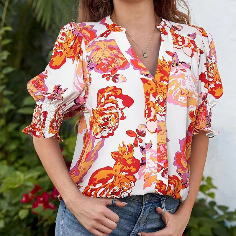 😍REDUCERE DE 50% DIN SĂPTĂMÂNA TRECUTĂ🎁☀️Bluză pentru femei cu imprimeu floral, decolteu în V și mâneci bufante🌺-1