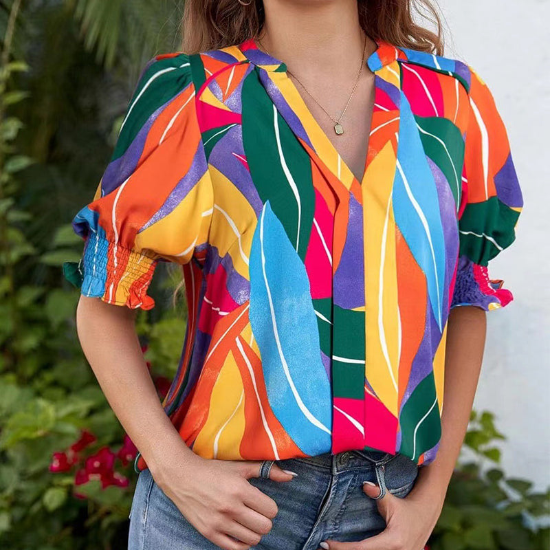 😍REDUCERE DE 50% DIN SĂPTĂMÂNA TRECUTĂ🎁☀️Bluză pentru femei cu imprimeu floral, decolteu în V și mâneci bufante🌺-2