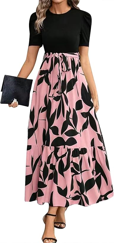 🔥Rochie de vară pentru femei, cu talie înaltă, mâneci scurte și guler rotund, cu imprimeu floral💗✨Bucură-te de eleganță-1