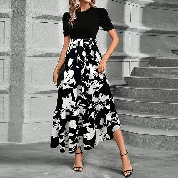 🔥Rochie de vară pentru femei, cu talie înaltă, mâneci scurte și guler rotund, cu imprimeu floral💗✨Bucură-te de eleganță