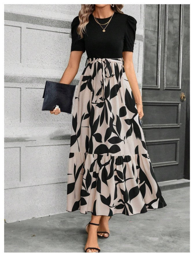 🔥Rochie de vară pentru femei, cu talie înaltă, mâneci scurte și guler rotund, cu imprimeu floral💗✨Bucură-te de eleganță-4