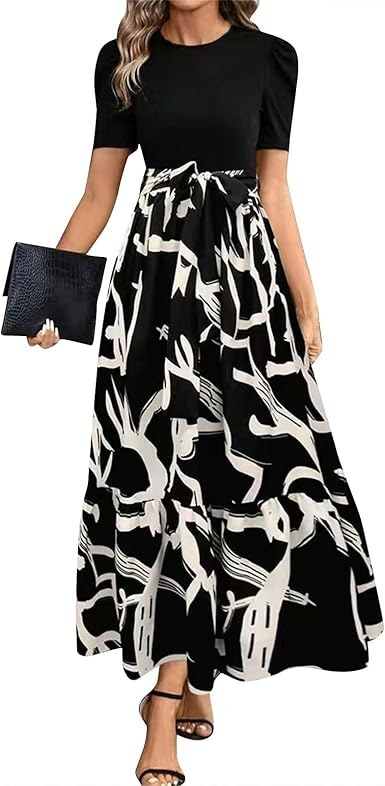 🔥Rochie de vară pentru femei, cu talie înaltă, mâneci scurte și guler rotund, cu imprimeu floral💗✨Bucură-te de eleganță-2