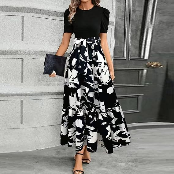 🔥Rochie de vară pentru femei, cu talie înaltă, mâneci scurte și guler rotund, cu imprimeu floral💗✨Bucură-te de eleganță-5