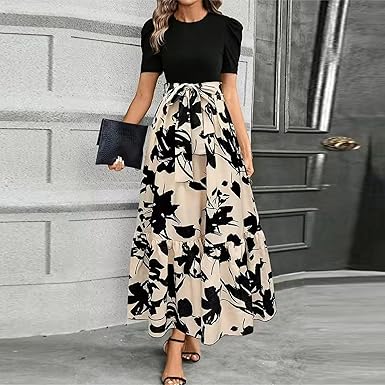 🔥Rochie de vară pentru femei, cu talie înaltă, mâneci scurte și guler rotund, cu imprimeu floral💗✨Bucură-te de eleganță-3