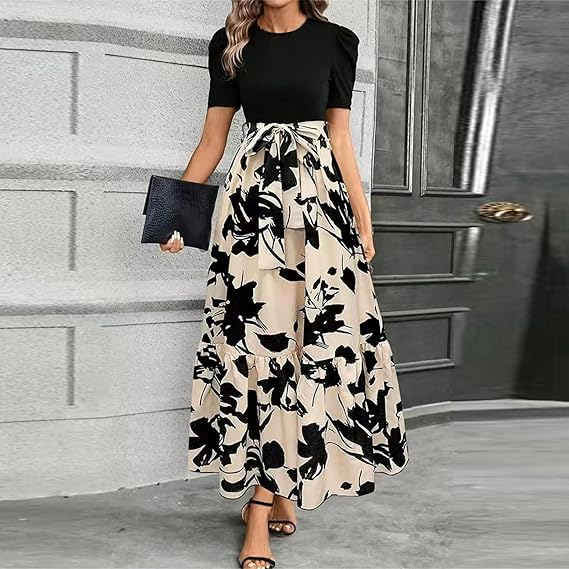 🔥Rochie de vară pentru femei, cu talie înaltă, mâneci scurte și guler rotund, cu imprimeu floral💗✨Bucură-te de eleganță-6