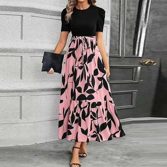 🔥Rochie de vară pentru femei, cu talie înaltă, mâneci scurte și guler rotund, cu imprimeu floral💗✨Bucură-te de eleganță-7