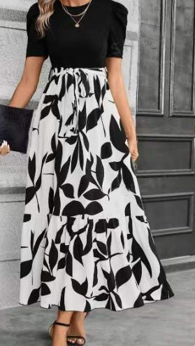 🔥Rochie de vară pentru femei, cu talie înaltă, mâneci scurte și guler rotund, cu imprimeu floral💗✨Bucură-te de eleganță-9