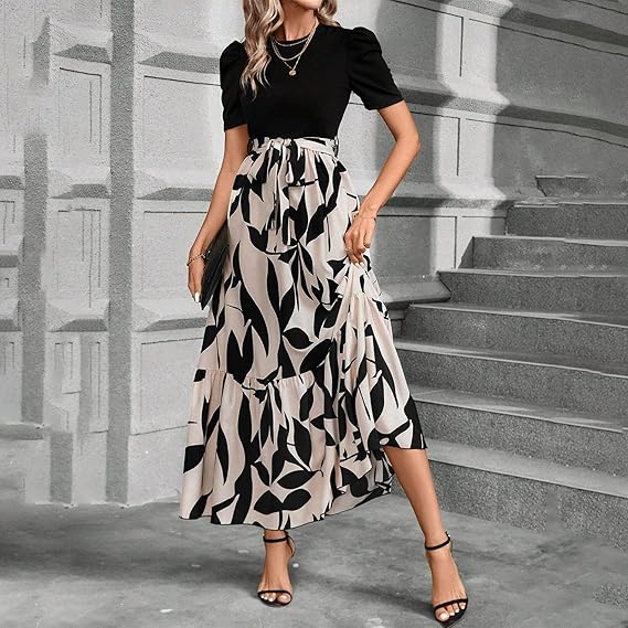 🔥Rochie de vară pentru femei, cu talie înaltă, mâneci scurte și guler rotund, cu imprimeu floral💗✨Bucură-te de eleganță-10