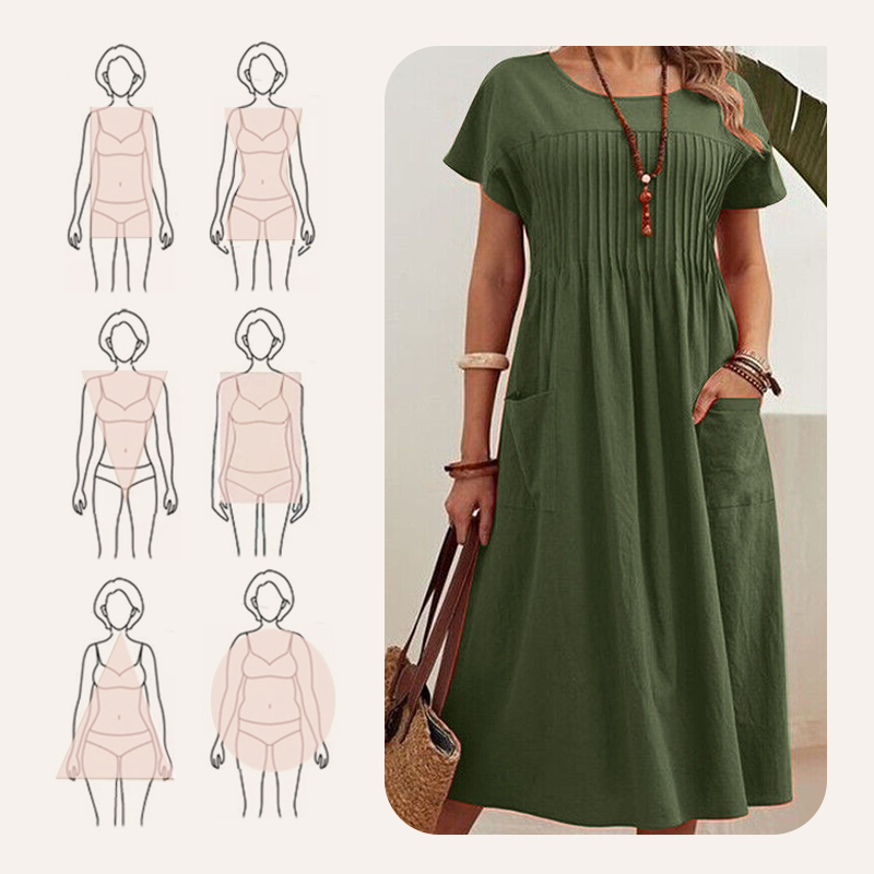 👗【S-4XL】Rochii plisate pentru femei cu mâneci scurte și buzunare-6