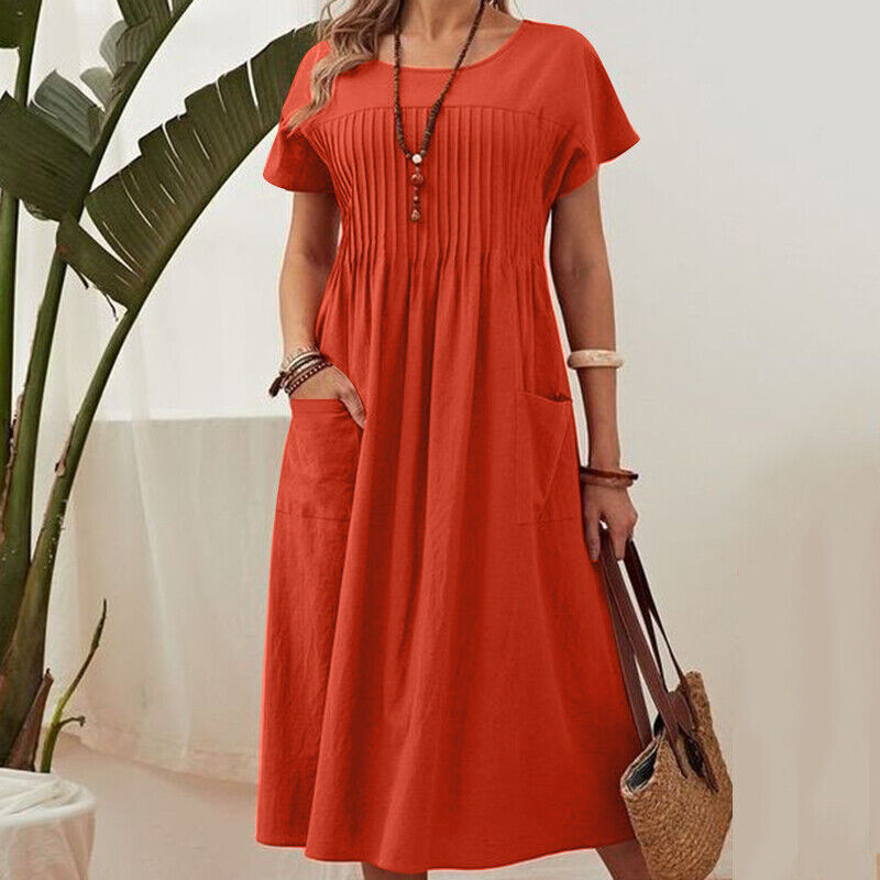👗【S-4XL】Rochii plisate pentru femei cu mâneci scurte și buzunare-3