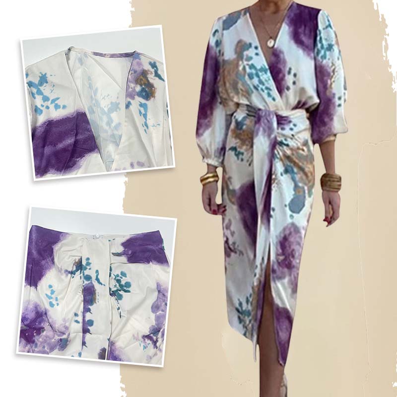 🎨👗Set elegant de rochie în două piese pentru femei, cu imprimeu acuarelă și croială înfășurată-2