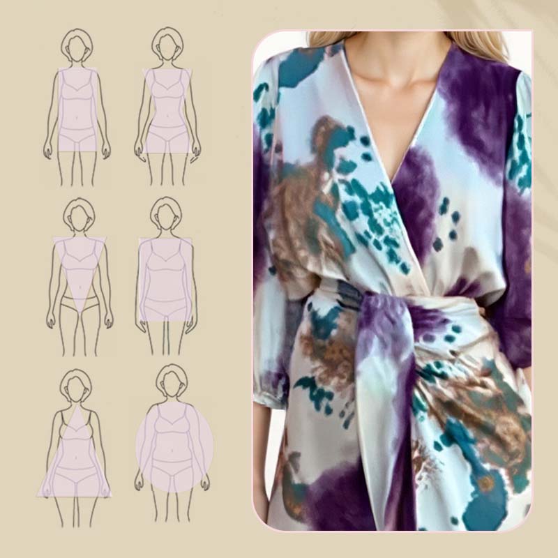 🎨👗Set elegant de rochie în două piese pentru femei, cu imprimeu acuarelă și croială înfășurată-5