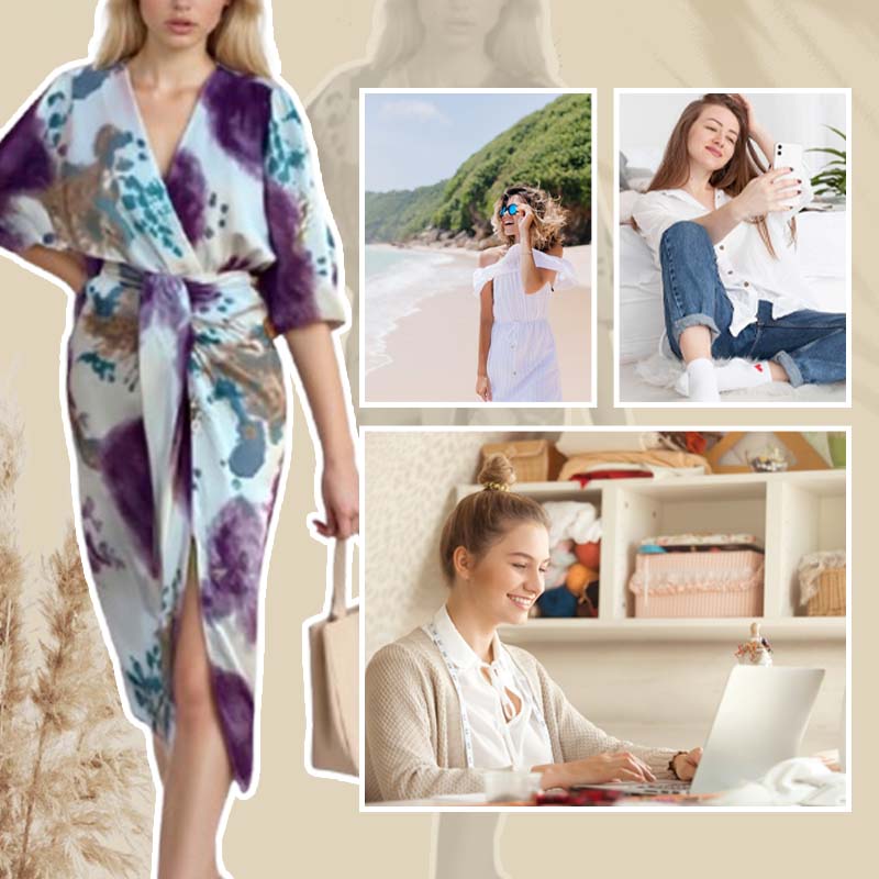 🎨👗Set elegant de rochie în două piese pentru femei, cu imprimeu acuarelă și croială înfășurată-3