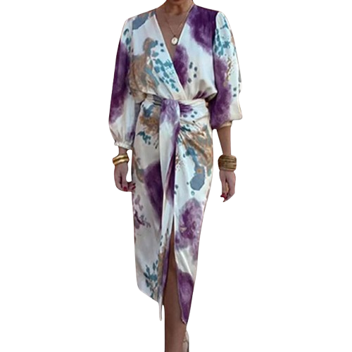 🎨👗Set elegant de rochie în două piese pentru femei, cu imprimeu acuarelă și croială înfășurată-10