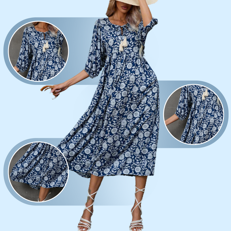 🌸 Rochie lungă elegantă pentru femei cu imprimare florală și gât în V-1