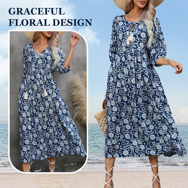 🌸 Rochie lungă elegantă pentru femei cu imprimare florală și gât în V-2