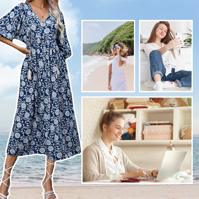 🌸 Rochie lungă elegantă pentru femei cu imprimare florală și gât în V-6