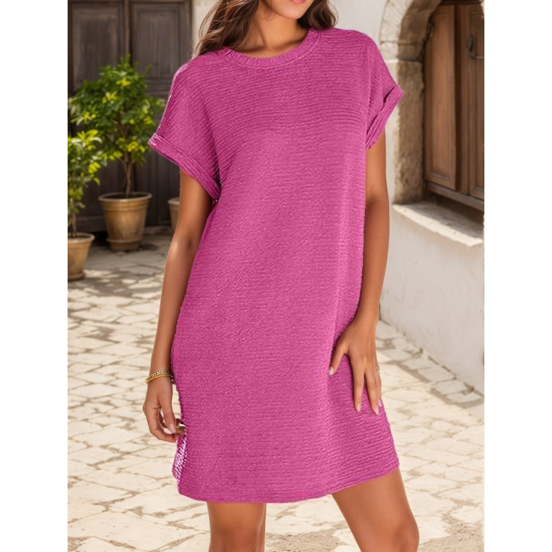 🔥 2026 Nou💞Rochie de buzunar elegantă cu gât rotund și culoare solidă