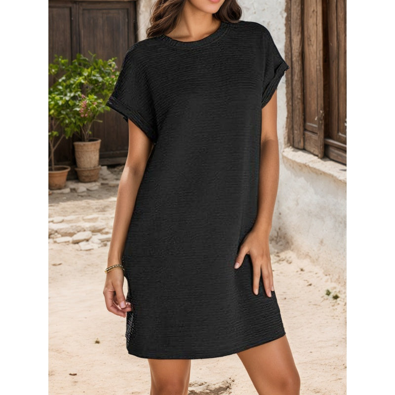 🔥 2026 Nou💞Rochie de buzunar elegantă cu gât rotund și culoare solidă-3