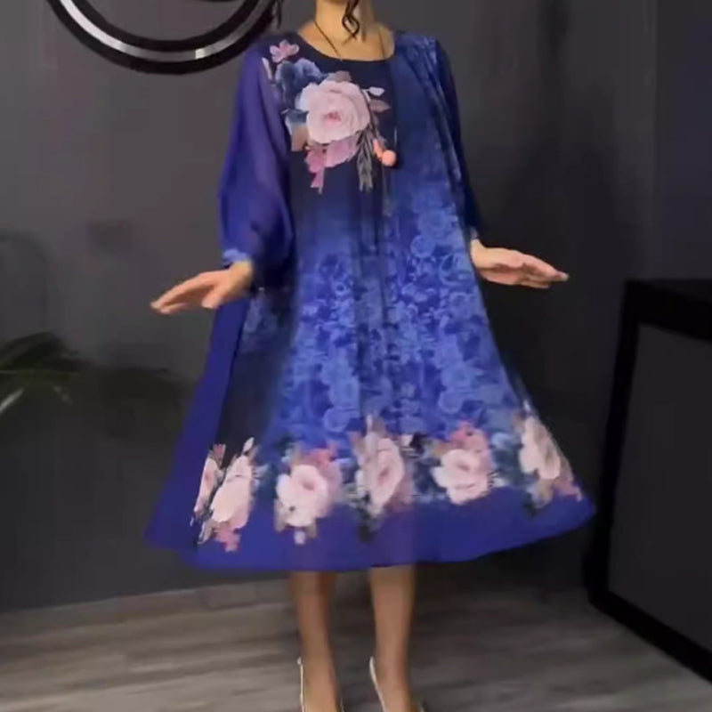 【S-4XL】🌺Femei florale imprimare rotund gât Mesh maneca rochie-1