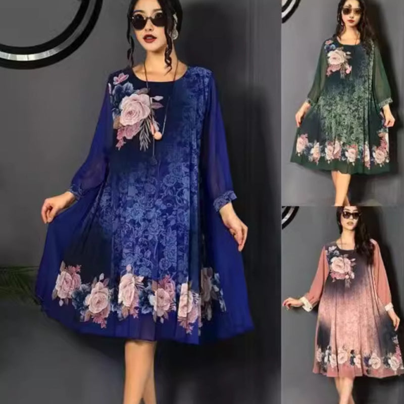 【S-4XL】🌺Femei florale imprimare rotund gât Mesh maneca rochie-2