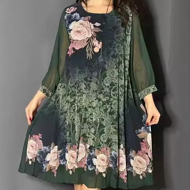 【S-4XL】🌺Femei florale imprimare rotund gât Mesh maneca rochie-4