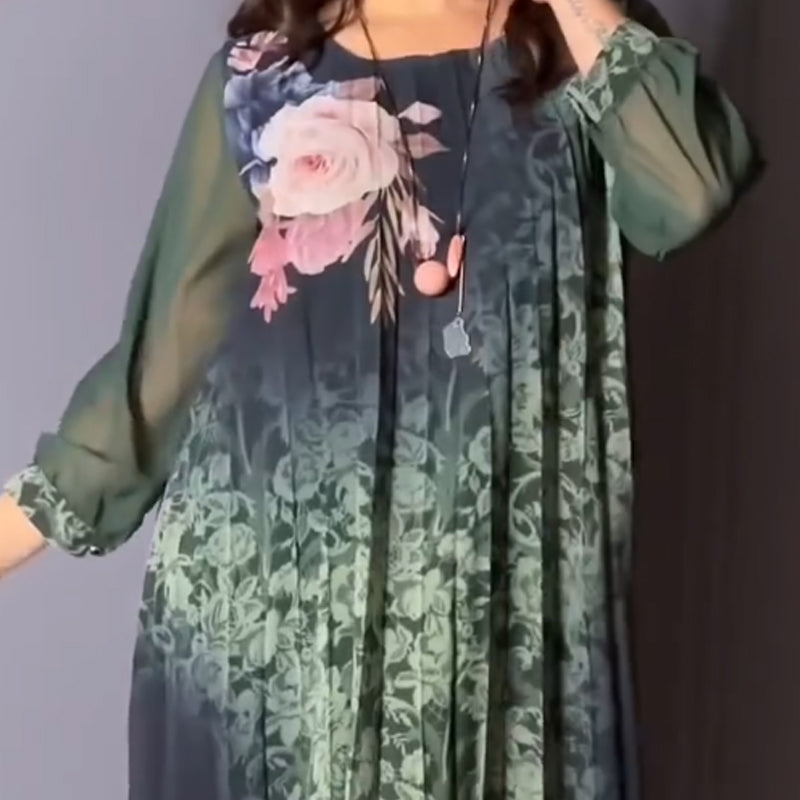 【S-4XL】🌺Femei florale imprimare rotund gât Mesh maneca rochie-3