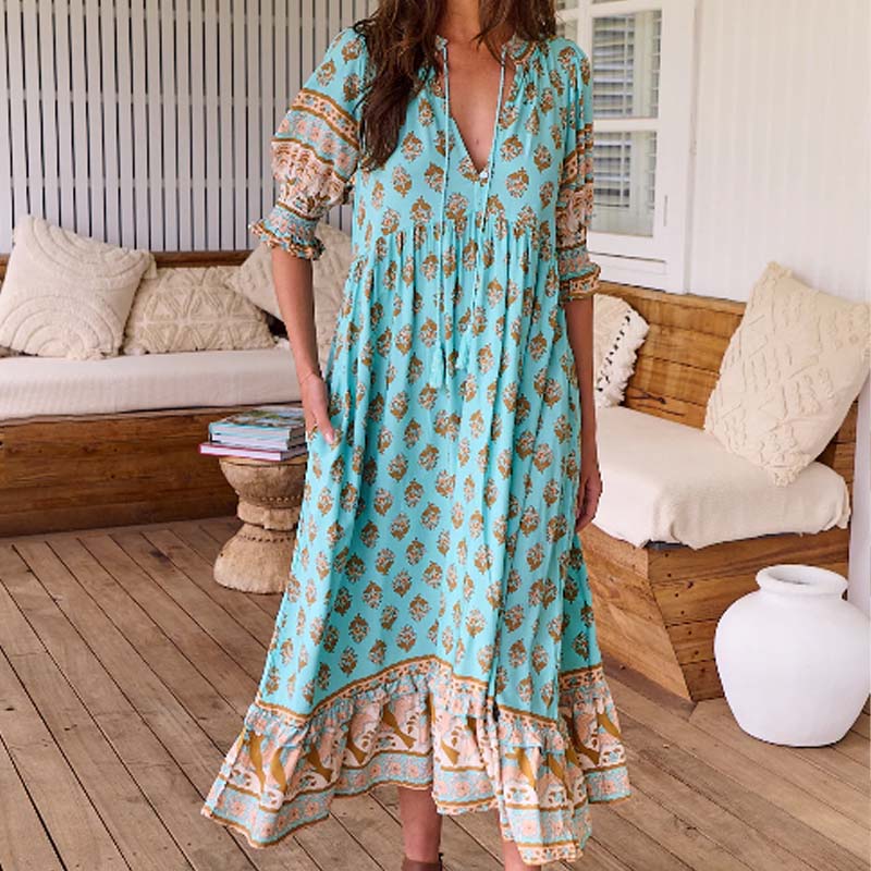 🌸Oferte Speciale de Primăvară 50% REDUCERE👗Rochie Boho Floral cu Decolteu în V, Talie Înaltă, Silueta A-Line-1