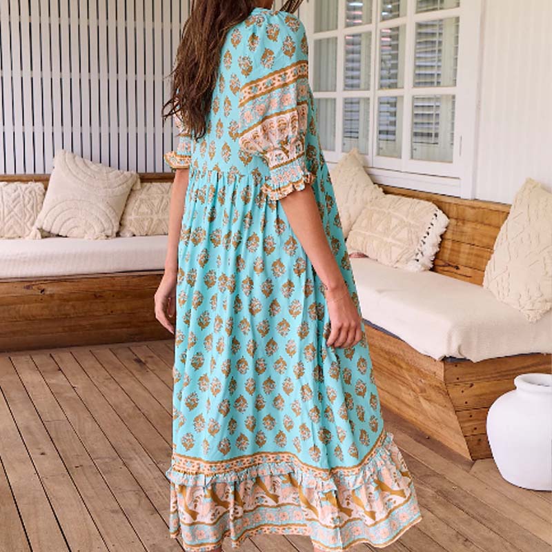 🌸Oferte Speciale de Primăvară 50% REDUCERE👗Rochie Boho Floral cu Decolteu în V, Talie Înaltă, Silueta A-Line-2
