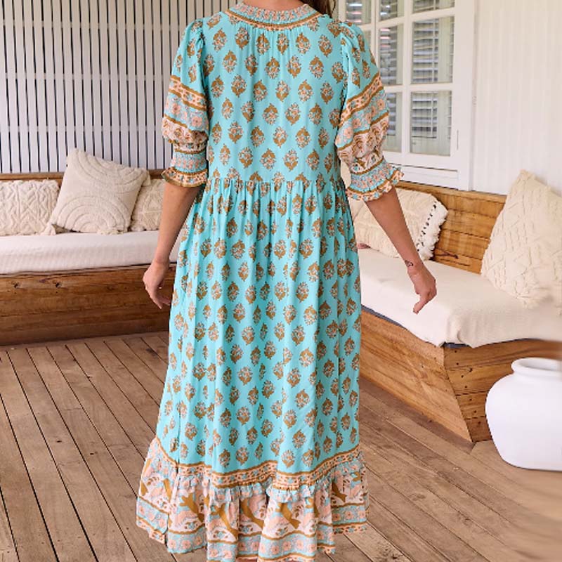 🌸Oferte Speciale de Primăvară 50% REDUCERE👗Rochie Boho Floral cu Decolteu în V, Talie Înaltă, Silueta A-Line-3