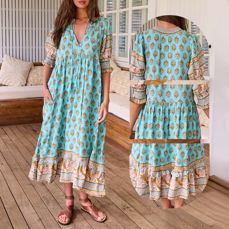 🌸Oferte Speciale de Primăvară 50% REDUCERE👗Rochie Boho Floral cu Decolteu în V, Talie Înaltă, Silueta A-Line-5
