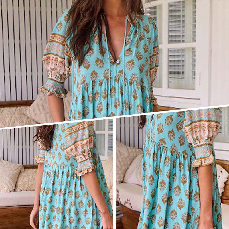 🌸Oferte Speciale de Primăvară 50% REDUCERE👗Rochie Boho Floral cu Decolteu în V, Talie Înaltă, Silueta A-Line-6