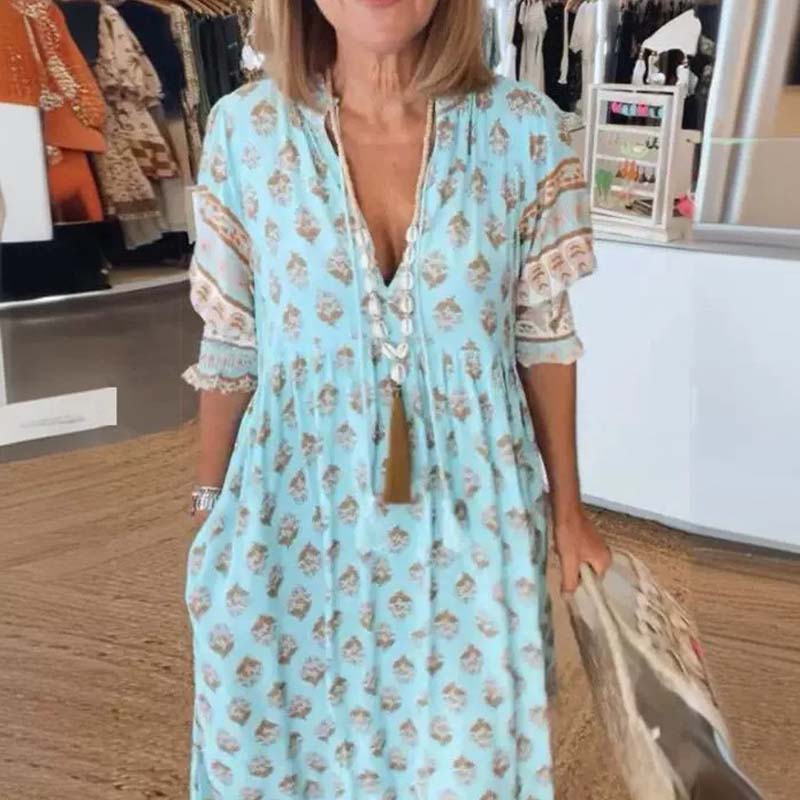 🌸Oferte Speciale de Primăvară 50% REDUCERE👗Rochie Boho Floral cu Decolteu în V, Talie Înaltă, Silueta A-Line-8