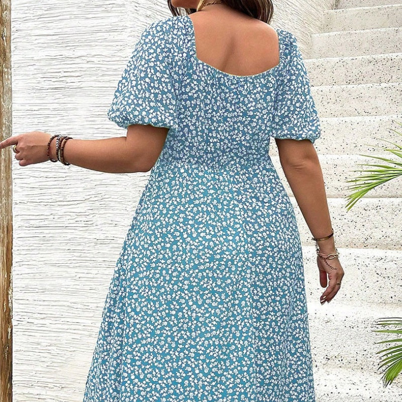 👗【L-4XL】Rochii pentru dimensiuni mari🌸Rochie cu mânecă scurtă cu imprimeu floral-6