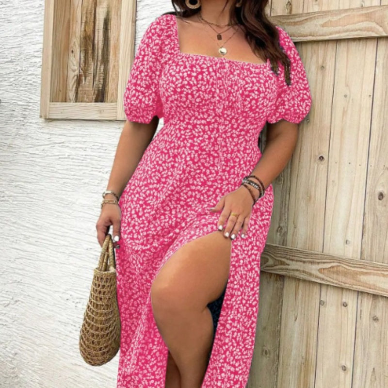 👗【L-4XL】Rochii pentru dimensiuni mari🌸Rochie cu mânecă scurtă cu imprimeu floral-4