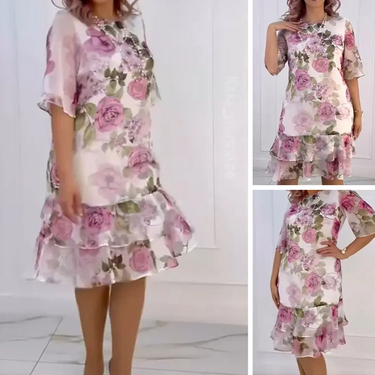 👗【S-4XL】🔥 Rochie Pink Rose Multi Layered Ruffle