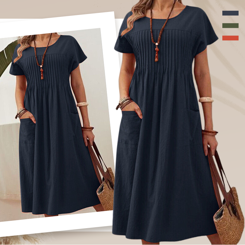👗【S-4XL】Rochii plisate pentru femei cu mâneci scurte și buzunare
