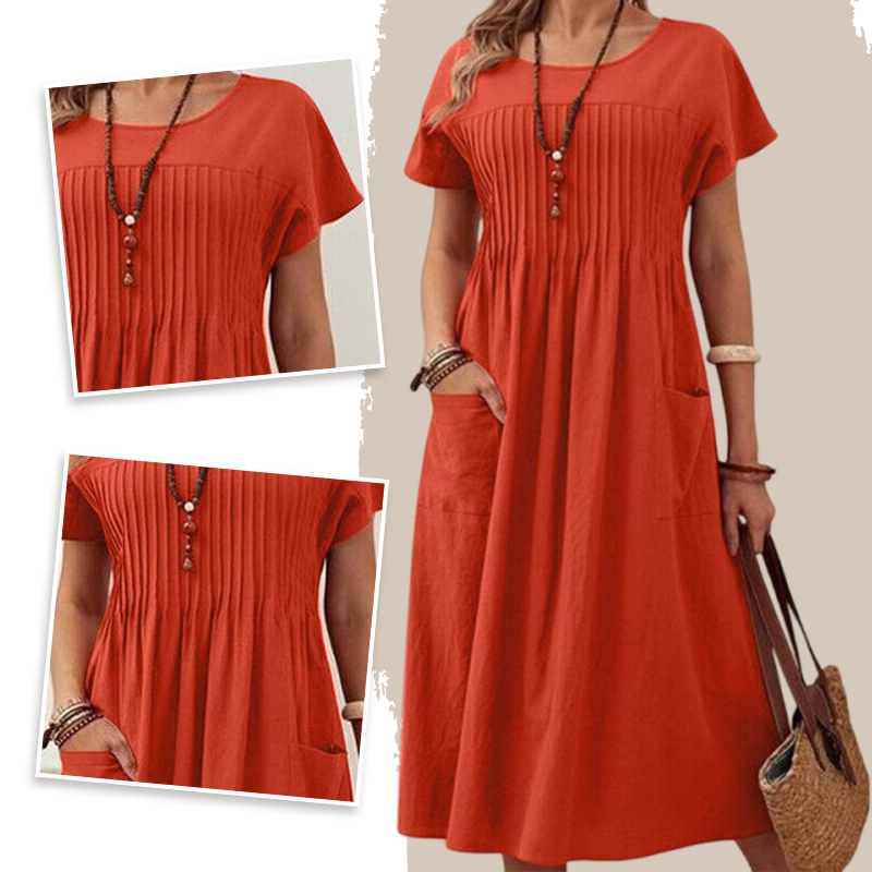 👗【S-4XL】Rochii plisate pentru femei cu mâneci scurte și buzunare-5