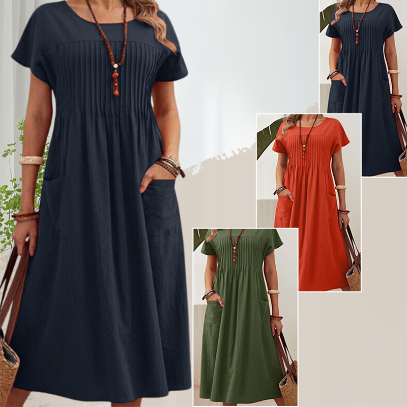 👗【S-4XL】Rochii plisate pentru femei cu mâneci scurte și buzunare-8