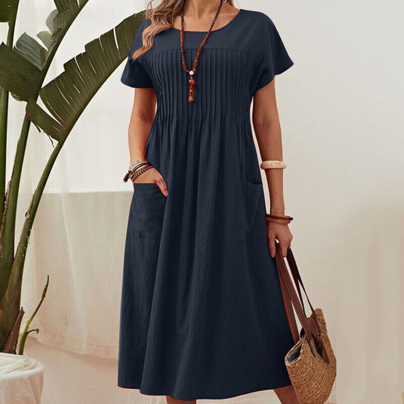 👗【S-4XL】Rochii plisate pentru femei cu mâneci scurte și buzunare-4