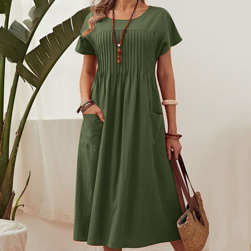 👗【S-4XL】Rochii plisate pentru femei cu mâneci scurte și buzunare-2