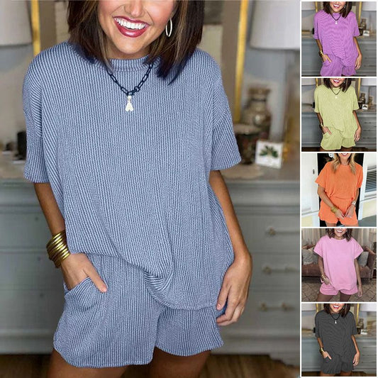 🎉🛍️Noutăți de vară🎊Set pentru femei compus din un top cu mâneci scurte din tricot cu nervuri și pantaloni scurți