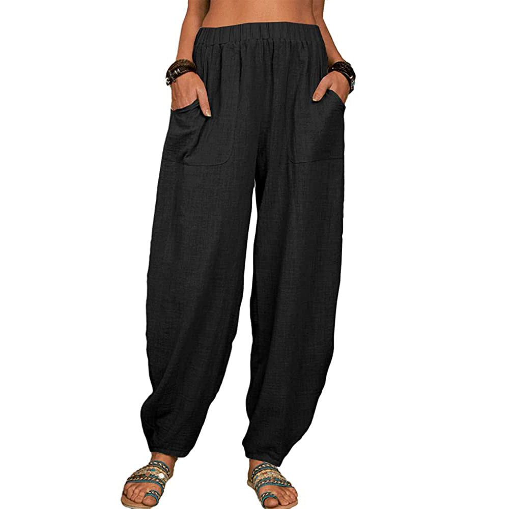Pantaloni cu picior lat din in și bumbac pentru femei-4