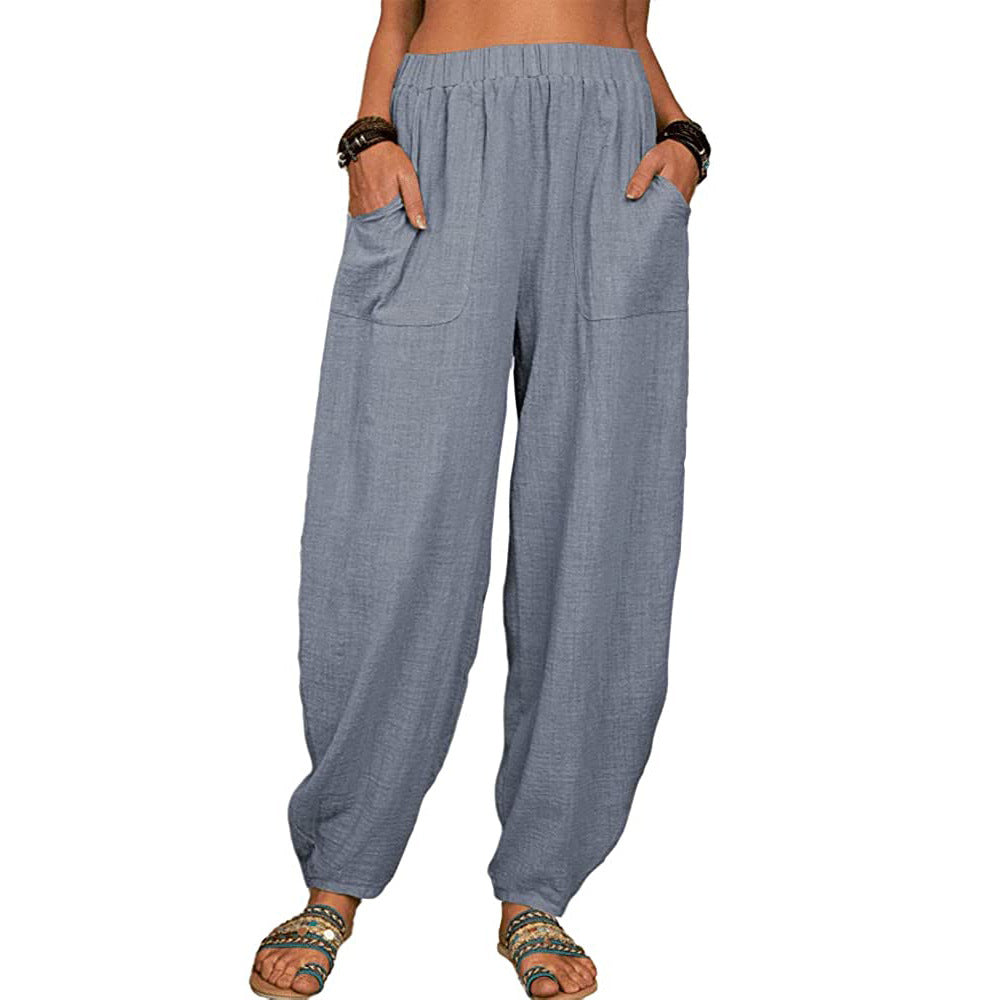 Pantaloni cu picior lat din in și bumbac pentru femei-3